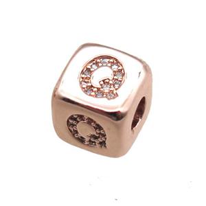 copper letter-Q beads paved zircon, cube, rose gold, approx 8.5mm, 4mm hole