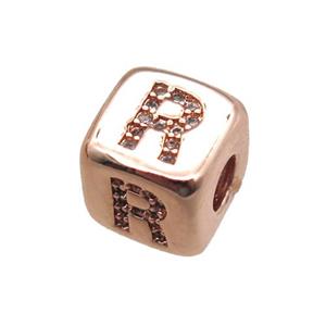copper letter-R beads paved zircon, cube, rose gold, approx 8.5mm, 4mm hole