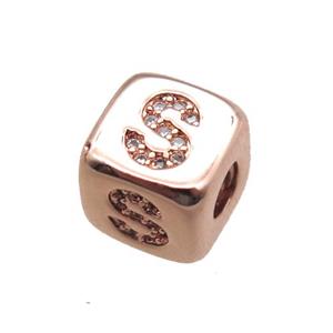 copper letter-S beads paved zircon, cube, rose gold, approx 8.5mm, 4mm hole