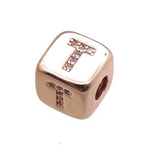 copper letter-T beads paved zircon, cube, rose gold, approx 8.5mm, 4mm hole