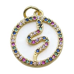copper circle pendant paved zircon with snake, gold plated, shell backing, approx 15mm dia