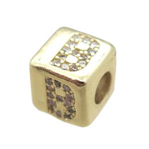 copper cube letter-B beads pave zircon, gold plated, approx 8x8mm