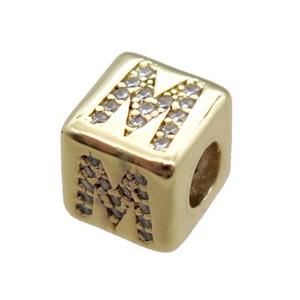 copper cube letter-M beads pave zircon, gold plated, approx 8x8mm