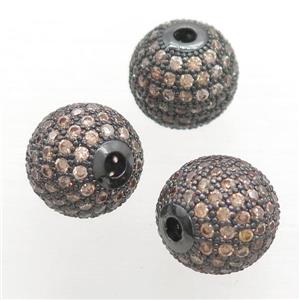 round copper beads pave champagne zircon, black plated, approx 14mm dia