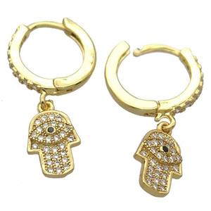 copper Hoop Earrings pave zircon with hamsahand, gold plated, approx 7-11mm, 14mm dia