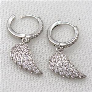 copper Hoop Earrings pave zircon with angelwings, platinum plated, approx 8-16mm, 14mm dia