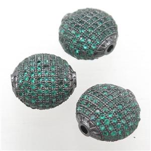 copper coin beads paved green zircon, black plated, approx 15mm dia