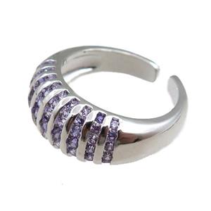 copper Rings pave purple zircon, adjustable, platinum plated, approx 9.5mm, 20mm dia