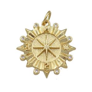 copper compass pendant pave zircon, gold plated, approx 20mm dia