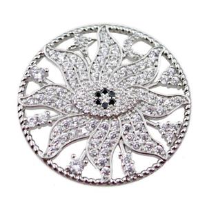 copper flower pendant pave zircon, platinum plated, approx 28mm dia