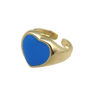 Copper Rings with blue enameled heart, adjustable, gold plated, approx 12mm, 14mm dia
