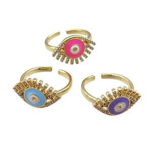 mix copper rings with enameled evil eye, adjustable, gold plated, approx 12-20mm, 18mm dia