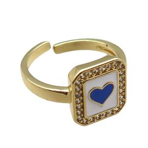 copper rings paved zircon with enameled, heart, adjustable, gold plated, approx 11-12mm, 18mm dia