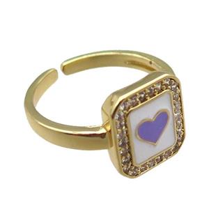 copper rings paved zircon with enameled, heart, adjustable, gold plated, approx 11-12mm, 18mm dia