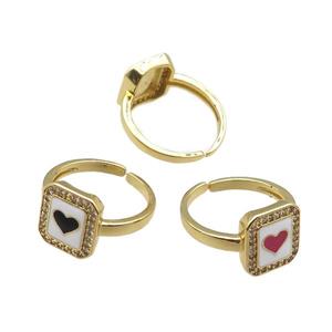 mix copper rings paved zircon with enameled, heart, adjustable, gold plated, approx 11-12mm, 18mm dia