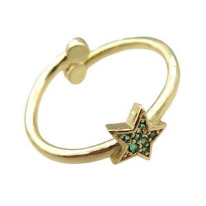 adjustable copper ring with star pave green zircon, gold plated, approx 8mm, 18mm dia