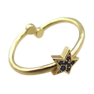 adjustable copper ring with star pave blue zircon, gold plated, approx 8mm, 18mm dia