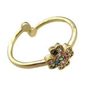 adjustable copper ring with clover pave zircon, gold plated, approx 8mm, 18mm dia