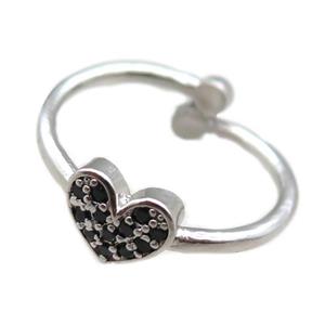 adjustable copper ring with heart pave zircon, platinum plated, approx 8mm, 18mm dia