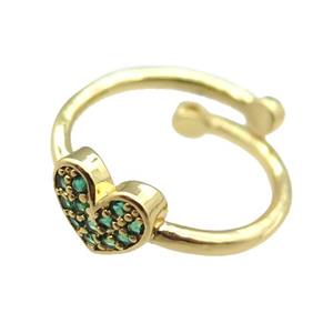 adjustable copper ring with heart pave green zircon, gold plated, approx 8mm, 18mm dia