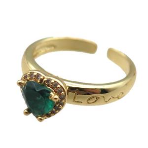 adjustable copper ring with heart pave green zircon, gold plated, approx 9mm, 18mm dia