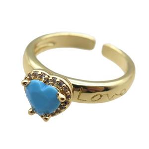 adjustable copper ring with heart pave zircon, gold plated, approx 9mm, 18mm dia