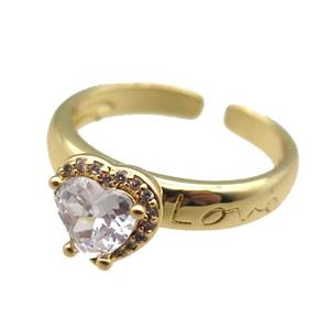 adjustable copper ring with heart pave zircon, gold plated, approx 9mm, 18mm dia