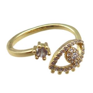 adjustable copper ring pave zircon, eye, gold plated, approx 9mm, 18mm dia