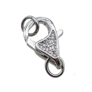 copper Lobster Clasp pave zircon, plainum plated, approx 9-14mm