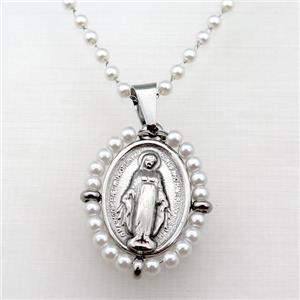 Stainless Steel Jesus Necklace White Pearlized Glass Platinum Plated, approx 23-30mm, 50-55cm length