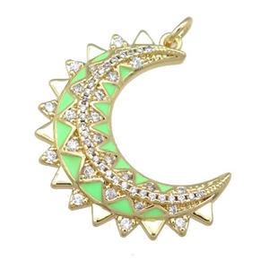 copper Crescent pendant pave zircon with green enamel, gold plated, approx 10-30mm