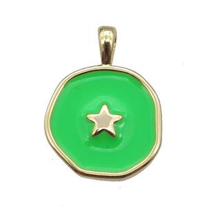 copper Circle pendant with green enamel, star, gold plated, approx 14mm