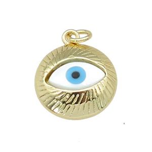 copper circle pendant paved zircon with Pearlized Shell Evil Eye, gold plated, approx 16mm dia