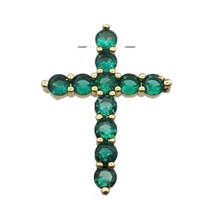 copper Cross pendant pave zircon, green, gold plated, approx 20-27mm