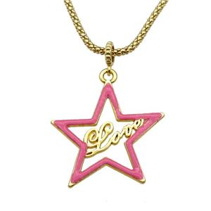 copper Necklace with star Love pink enamel gold plated, approx 34mm, 2.5mm, 45cm length