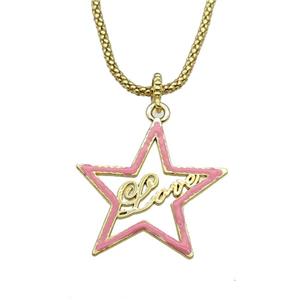 copper Necklace with star Love pink enamel gold plated, approx 34mm, 2.5mm, 45cm length