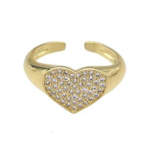 copper Ring pave zircon Heart gold plated, approx 10mm, 18mm dia