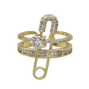 copper Ring pave zircon gold plated, approx 10-25mm, 18mm dia