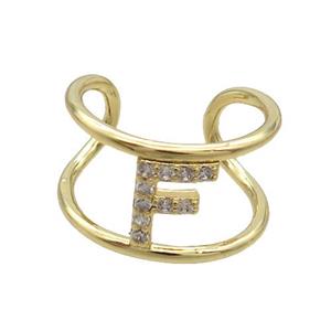 Copper Ring Pave Zircon F-Letter Gold Plated, approx 10mm, 18mm dia