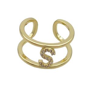 Copper Ring Pave Zircon S-Letter Gold Plated, approx 10mm, 18mm dia