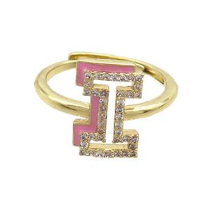 Copper Ring Pave Zircon I-Letter Adjustable Enamel Gold Plated, approx 10-14mm, 18mm dia