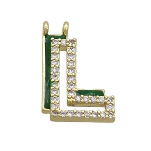 Copper Pendant Pave Zircon Green Enamel Letter-L 2loops Gold Plated, approx 15-16mm