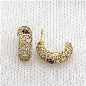 Copper Stud Earring Pave Zircon Gold Plated, approx 15mm