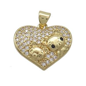 Copper Bear Pendant Pave Zircon Heart Gold Plated, approx 16-20mm