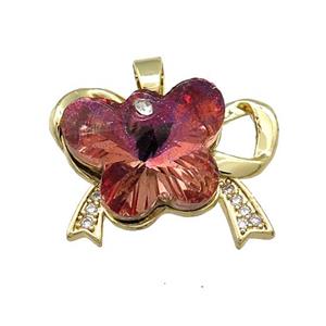 Copper Bowknot Pendant Pave Crystal Glass Zircon Gold Plated, approx 15-18mm, 18-25mm