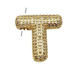 Copper Pendant Pave Zircon Letter-T Gold Plated, approx 16-22mm