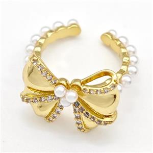 Copper Bow Rings Pave Pearlized Resin Zirconia Gold Plated, approx 16-21mm, 18mm dia