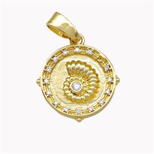 Copper Circle Pendant Pave Zirconia Nautilus Shell Gold Plated, approx 15mm