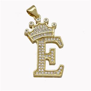 Copper Letter-E Pendant Micro Pave Zirconia Crown Gold Plated, approx 18-25mm