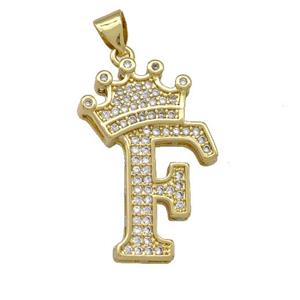 Copper Letter-F Pendant Micro Pave Zirconia Crown Gold Plated, approx 18-25mm